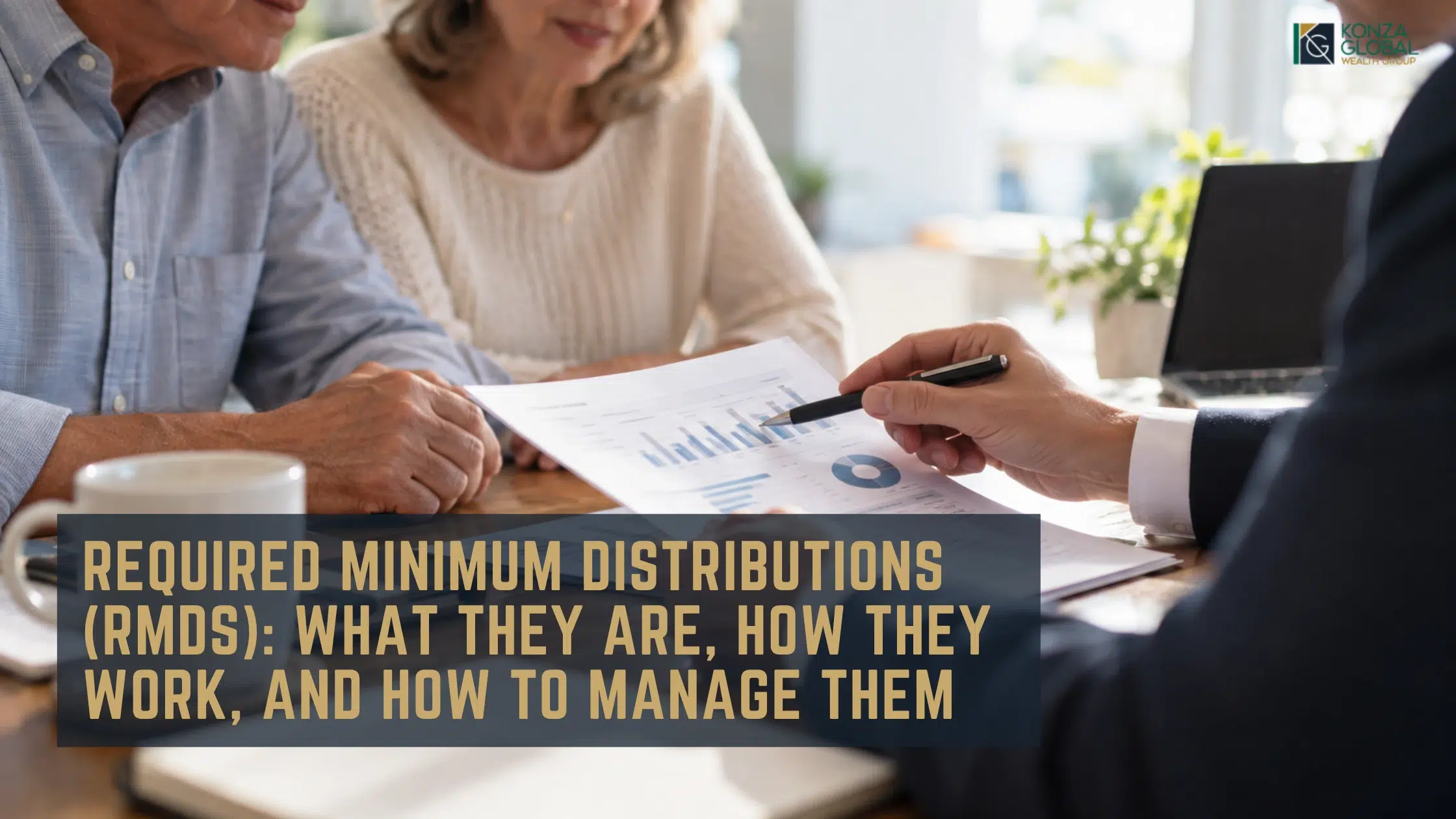 Retired couple reviewing required minimum distribution planning with a financial advisor