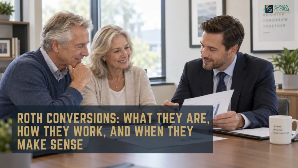 Couple discussing Roth conversion and retirement planning with a financial advisor